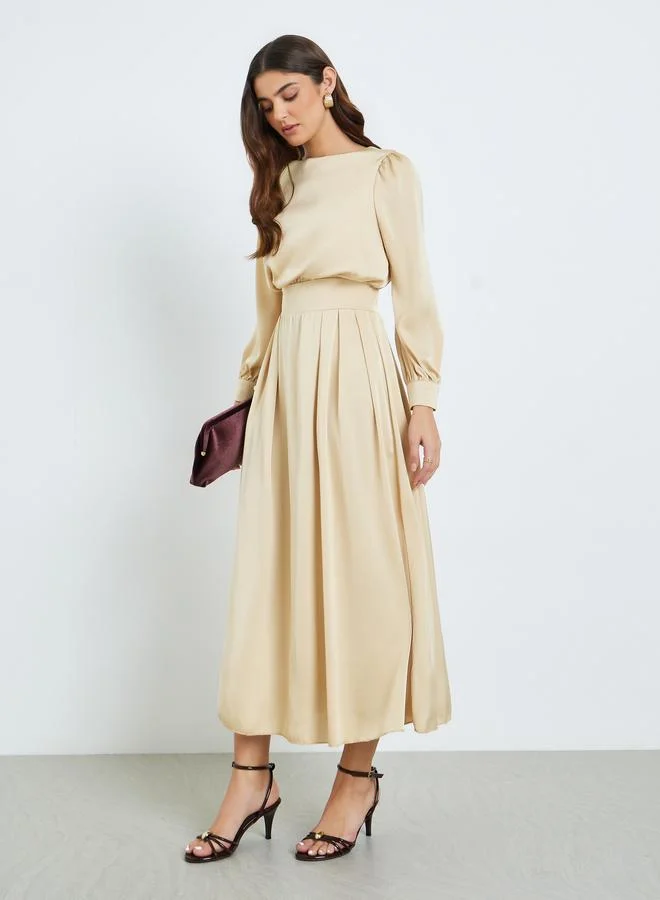 Styli  Women Beige Pleated A-Line Maxi Dress for Women | Best Price UAE